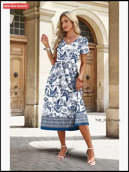 Flowy A-Line Midi Dress with Pockets, V-Neck, Short Sleeve - Picture 3 of 7